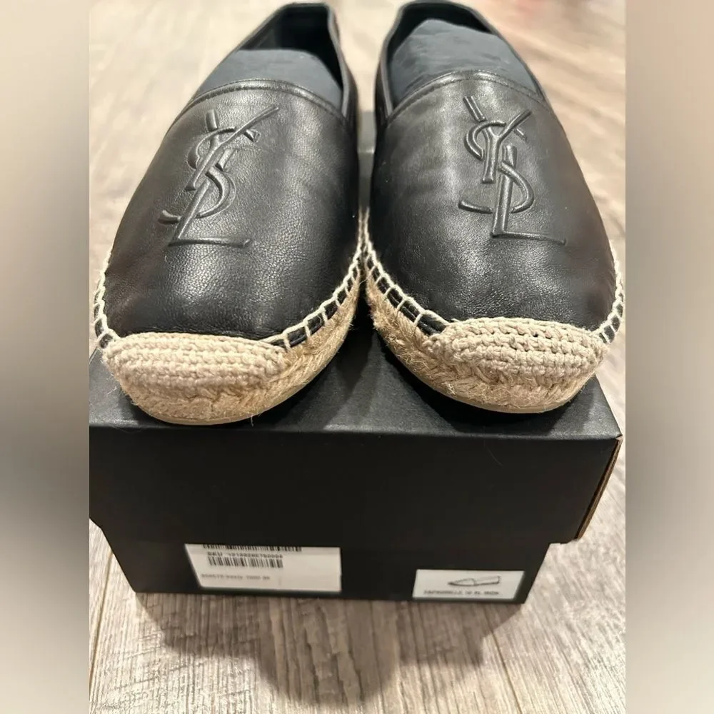 YSL Saint Laurent Black Nappa Leather Espadrilles Flat Shoes Logo - Picture 3 of 7
